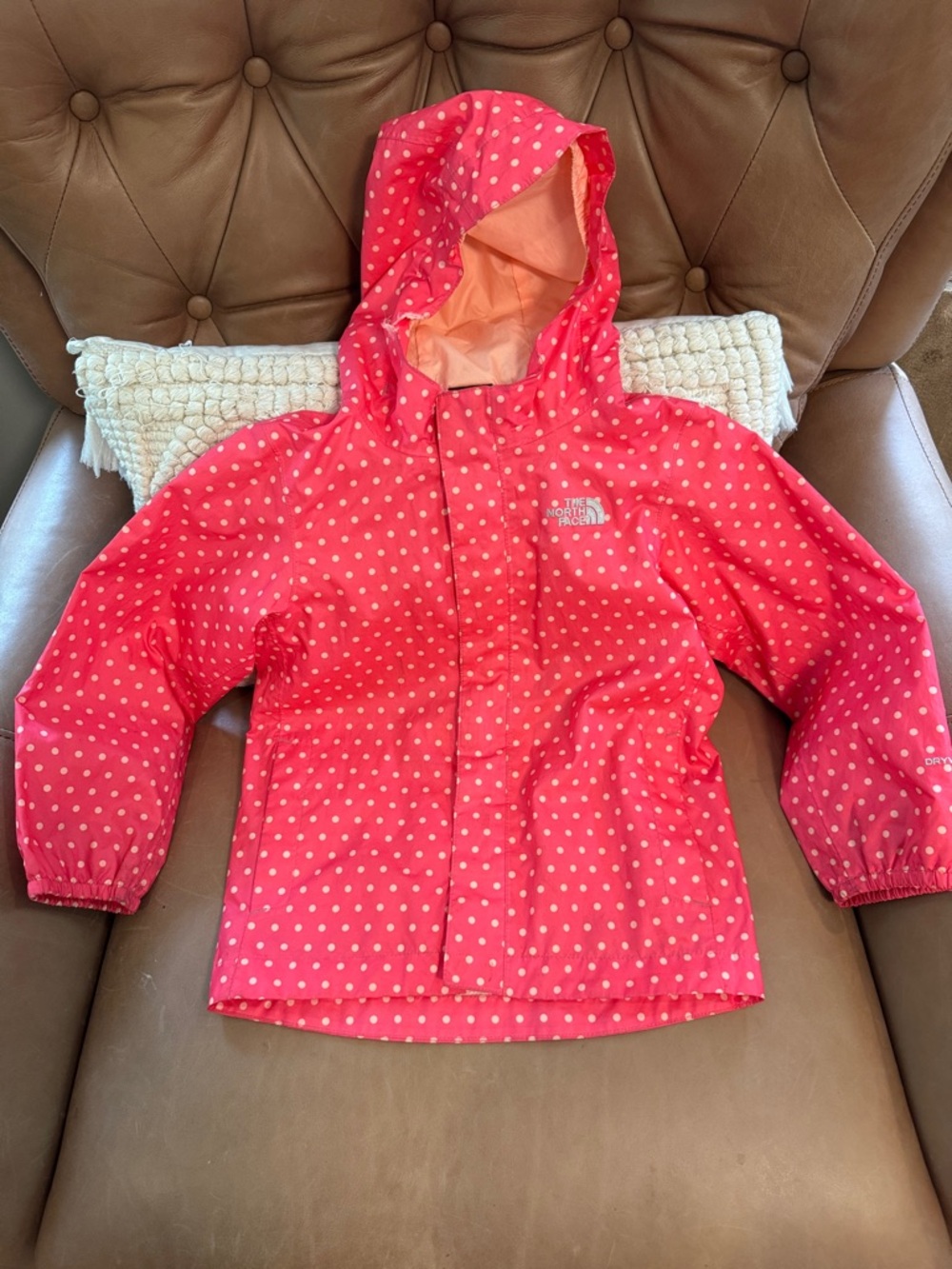 The North Face Girls' Coral Pink Polka Dot Hooded Rain Jacket